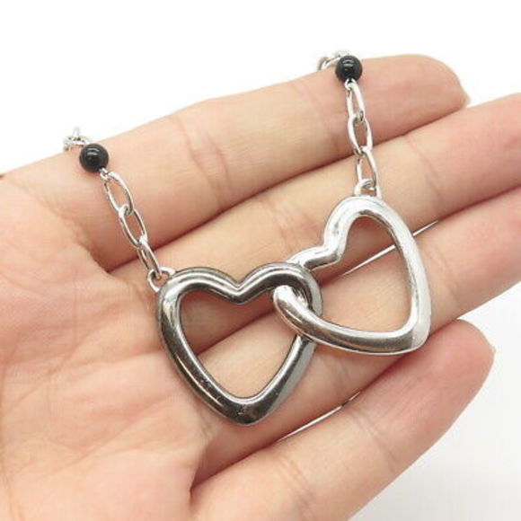 925 Sterling Silver EMPORIO ARMANI Italy Black Onyx Heart Necklace 18" - Picture 1 of 10